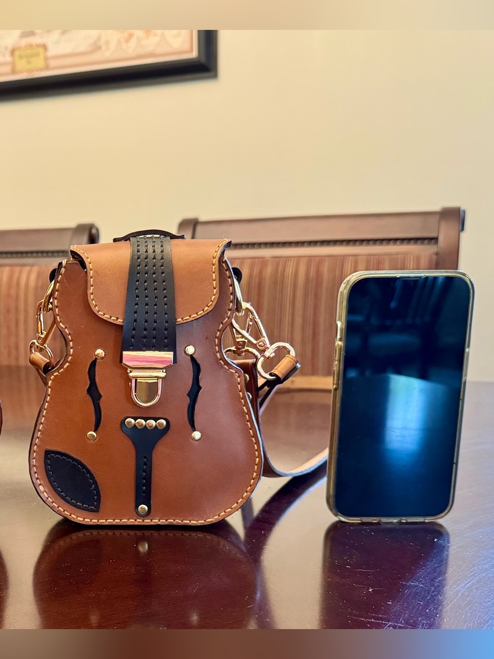 Brown Leather Violin Fiddle Wristlet Bag Handmade